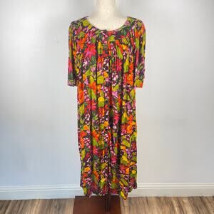 Go Softly Patio House Dress MuMu Orange Brown Floral Pockets Cottage Size Medium